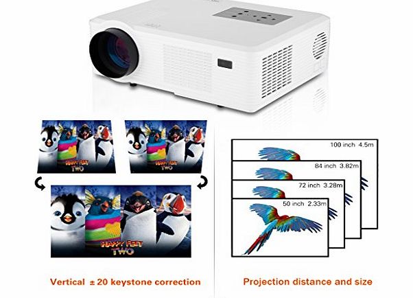 Excelvan 72-100 High Quality Projector 2400 Lumens HD 100 LEDs /LCD 800*480 1080P Projector for Home Cinema Theater PC DVD DTV Computer Laptop Blu-ray DVD (White)