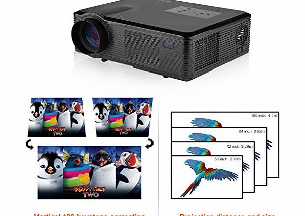 Excelvan 72-100 High Quality Projector 2400 Lumens HD 100 LEDs /LCD 800*480 Projector 1080P for Home Cinema Theater PC DVD DTV Computer Laptop Blu-ray DVD (Black)