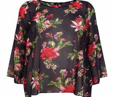 Exclusives Inspire Black Draped Sleeve Floral Print Blouse