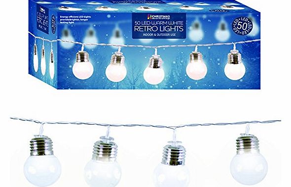 50 LED RETRO GLOBE BULB BALL FAIRY LIGHTS - WARM WHITE LED INDOOR AND OUTDOOR GARDEN STRING LIGHTS - DECORATIVE XMAS / PARTY LIGHTING FOR STUNNING EFFECTS DRAPED IN YOUR HOME OR ON YOUR FENCE. - Indoo