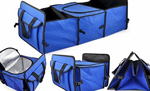 BLUE 2 IN 1 ADJUSTABLE CAR CAR BOOT ORGANISER SHOPPING TIDY HEAVY DUTY COLLAPSIBLE FOLDABLE STORAGE BAG / BASKET INCLUDES A MIDDLE COOLER CAN COOL COMPARTMENT - IDEAL FOR HOME USE AND CARS