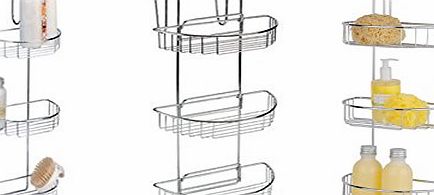 CHROME 3 TIER CURVED HANGING OVER THE DOOR SHOWER CADDY CUBICLE TIDY BATHROOM TOILETRIES RACK RAIL SHELVES ORGANIZER - HOOKS FOR HOLDING TOWELS OR CLOTHES