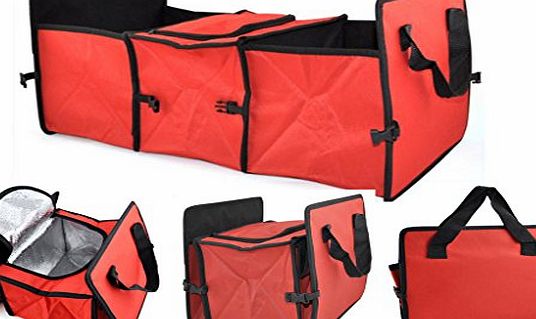 RED 2 IN 1 ADJUSTABLE CAR CAR BOOT ORGANISER SHOPPING TIDY HEAVY DUTY COLLAPSIBLE FOLDABLE STORAGE BAG / BASKET INCLUDES A MIDDLE COOLER CAN COOL COMPARTMENT - IDEAL FOR HOME USE AND CARS