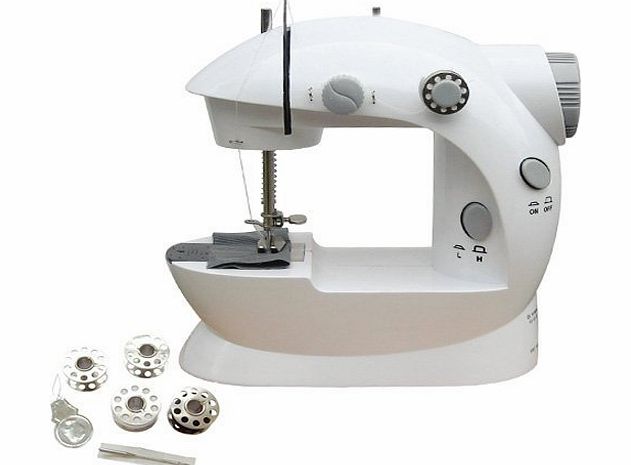 TWIN SPEED PORTABLE MINI SEWING MACHINE - MINI STITCH - WITH FOOT PEDAL, NEEDLE, THREADER AND BOBBINS - CAN BE USED ELECTRIC MAINS POWERED AND BATTERY OPERATED