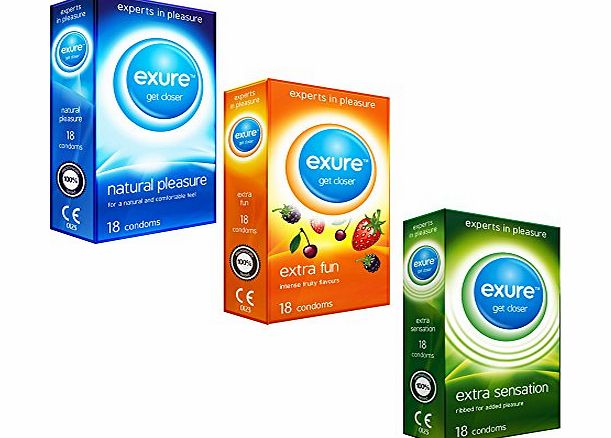 Exure condoms 3 packs, 1 of each Ribbed, Fruity Flavoured and Natural 18 per pack (54 condoms) - 100 electronically tested, CE0123 certified