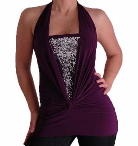 Eye Catch Bella Slinky Stretch Glitter Halter Neck Fashion Top Purple L/XL