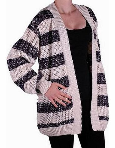 Eye Catch EyeCatch - Ladies Knitted Sparkle Cardi Open Front Womens Stripe Cardigan Cream Navy Size 16