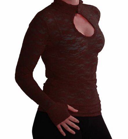 Eye Catch EyeCatch - Ladies Turtle Neck Long Sleeve Fitted Floral Lace Keyhole Top One Size Brown