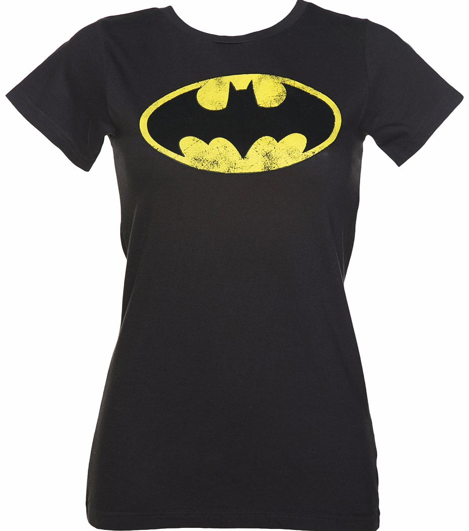 Ladies Washed Black Batman Logo Skinny T-Shirt