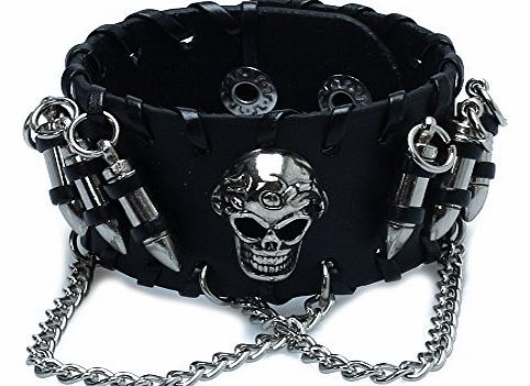 FACILLA Black Mens Gothic Leather Bullet Skull Chain Wristband Bracelets for Men
