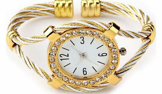 FACILLA Gold Tone Rope Lady Rhinestone Wrist Watch Bangle Bracelet Cuff