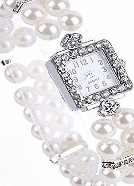 FACILLA Metal Pearl Crystal Bracelet Bangle Stretch Square Dial Wristwatch Wrist Watch