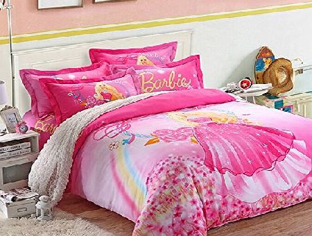 FADFAY Home Textile,Cute Cartoon Barbie Kids Bedding Set,Delicate Pink Fairy Girls Duvet Cover,Designer Girls Princess Bedding Sets,Queen/King Size,4Pcs