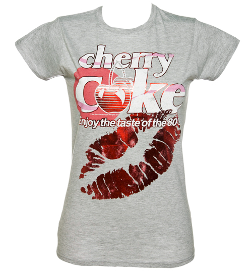 Ladies Grey Cherry Coke Kiss Foil Print T-Shirt