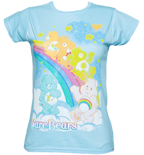 Ladies Sky Blue Care Bears Rainbow Slide T-Shirt