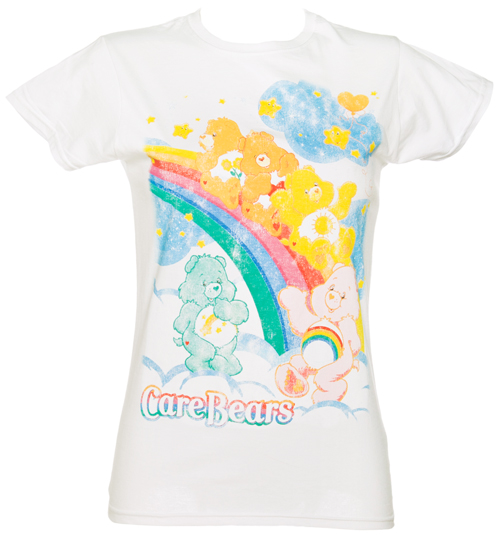 Ladies White Care Bears Rainbow Slide T-Shirt