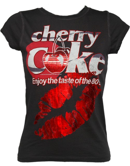 Ladies Black Wash Cherry Coke Kiss T-Shirt from Famous Forever