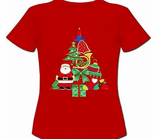 Christmas Tree Made of Bells Stocking Santa Womens Ladies Cotton Short Sleeve Red T-Shirt - Size XL / 16