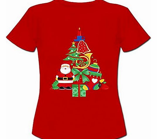 Fancy A Snuggle Christmas Tree Made of Bells Stocking Santa Womens Ladies Cotton Short Sleeve Red T-Shirt - Size XL / 16