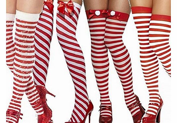 Ladies Sexy Red & White Striped Christmas Santa Fancy Dress Costume Stockings Socks Hold Ups (Red/White Diagonal Stripe)
