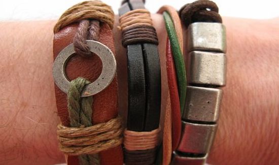 Four Mens or Womens hemp unisex urban surfer Brown leather Silver finish metal spacers cord friendship bracelets