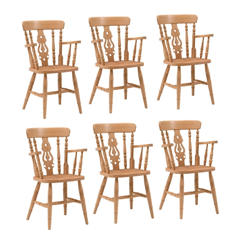 Farmhouse Pine Set of 6 Fiddleback Carver Chairs
