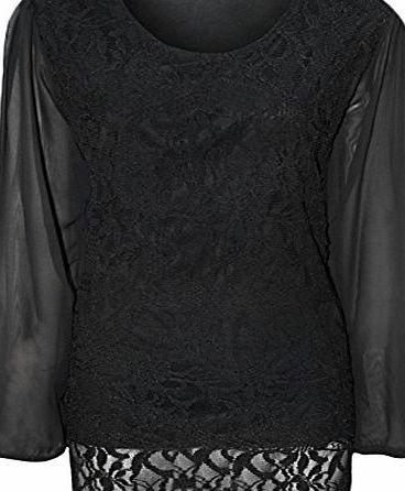 Fashion 4 Less New Womens Plus Size Lace Lined Sheer Long Sleeve Ladies Chiffon Tunic Party Top.UK 14-28 (UK-14, Black)