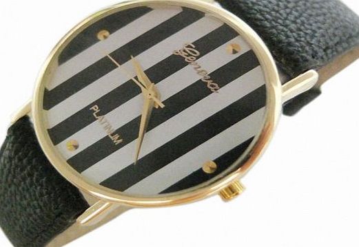 Fashion Base Hot New Stripes Big Dial Black Leather Band Women Lady Watch High Quality Quartz Watches