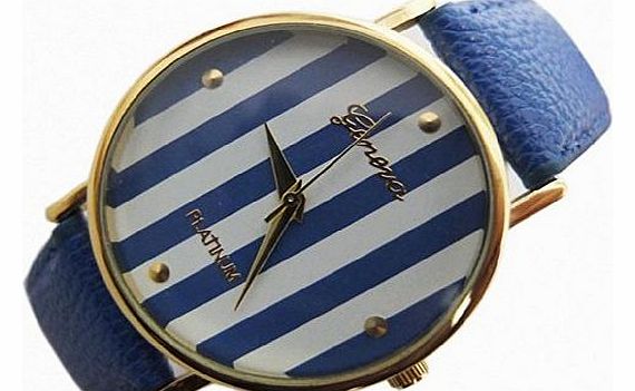 Fashion Base Hot New Stripes Big Dial Navy Blue Leather Band Women Lady Watch High Quality Quartz Watches