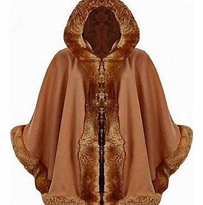 - Womens Cape Poncho Celebrity Faux Fur Lined Trimmed Hooded Cape Cardigan Jacket - 7 Colors - Size 8-18 (L/XL=14/16, Camel)