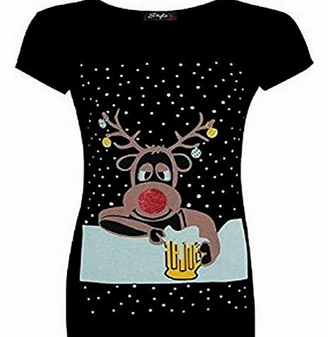 Fashion Mark - Womens Spotted Rudolph Glitter Nose Top Ladies Christmas Top T-Shirt - 3 Colors - Sizes 8-14 (ML=12/14, Black)