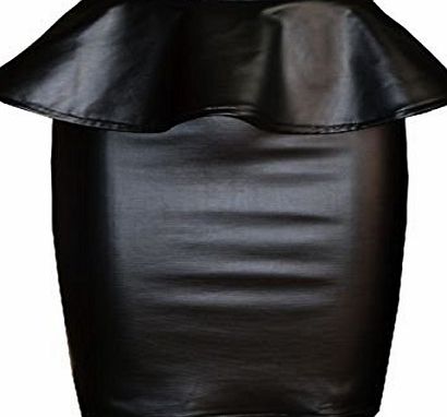 Fashion Mark - Womens Wet Look Peplum Skater Skirt Ladies Celebrity PVC Pencil Skirt - Black - Sizes 8-24 (XXL=20/22, Mini Skirt)