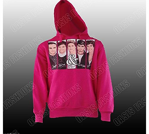 NEW IN UNISEX KIDS GIRLS ONE DIRECTION 1D SIGNATURE PICTURE HOODY/SWEATSHIRT TOP AGES 7-13 (9/10 YEARS, FUSCHIA PINK)