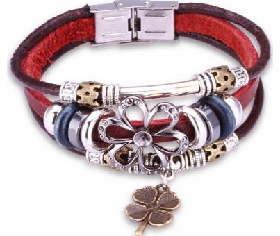 FASHION PLAZA Brand New Silver Plated Sunflower Design Vintage Deep Red Leather Bracelet With A Brass Four Leaf Clover Dangle L168