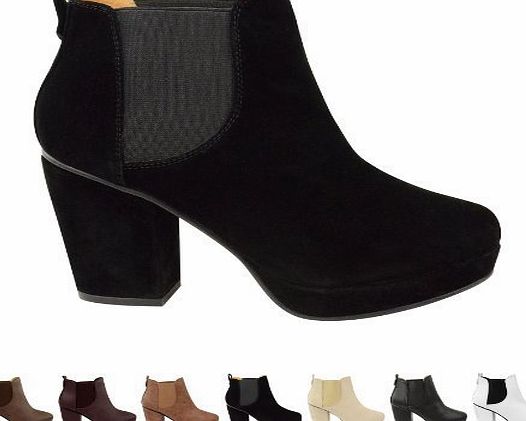 Fashion Thirsty LADIES WOMENS CASUAL SLIP PULL ON ELASTICATED MID BLOCK HEEL CHELSEA ANKLE BOOTS BOOTIES SHOES SIZE (UK 5 / EU 38 / US 7, Black Faux Leather)