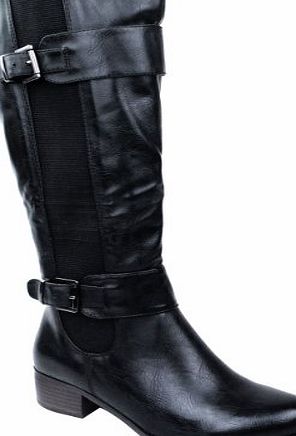 Fashion Thirsty LADIES WOMENS ELASTICATED FAUX LEATHER RIDING KNEE WIDE CALF HIGH SHOE BOOT SIZE (UK 5 / EU 38 / US 7, Black Faux Leather)