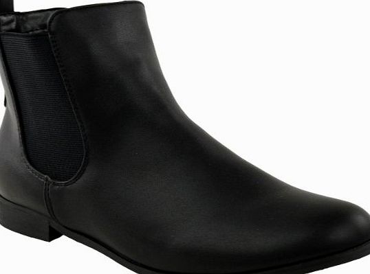 LADIES WOMENS FLAT LOW HEEL CHELSEA ANKLE BOOT ELASTIC GUSSET PULL ON RIDING HEEL SHOES SIZE (UK 6, Black Faux Leather)