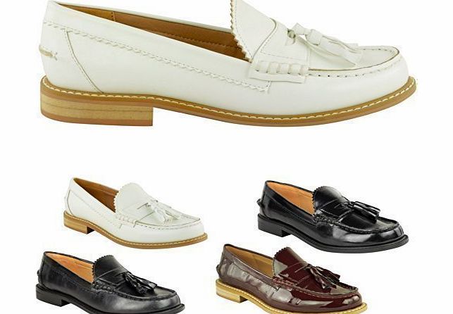 Fashion Thirsty LADIES WOMENS FLAT WORK OFFICE SCHOOL TASSEL DOLLY DECK BOAT VINTAGE LOAFERS SHOES SIZE (UK 6 / EU 39 / US 8, Black High Shine Faux Leather)