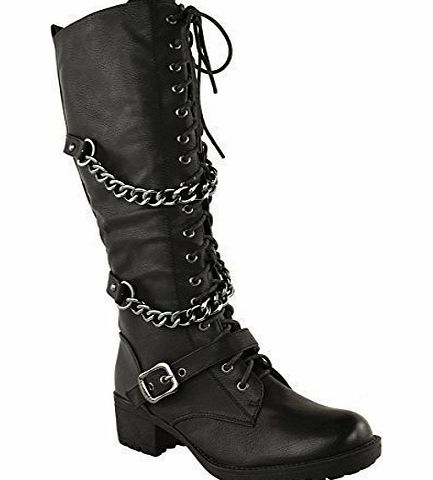 Fashion Thirsty LADIES WOMENS KNEE HIGH MID CALF LACE UP BIKER PUNK MILITARY COMBAT BOOTS SHOES (UK 5, Black Faux Leather)