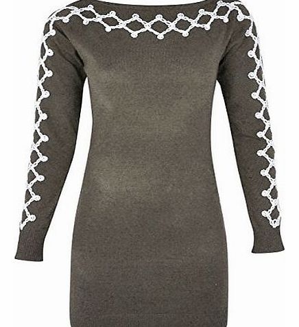 LADIES WOMENS LONG SLEEVE JUMPER DRESS MINI KNITTED STRETCHY BODYCON SWEATER TOP (One Size Fits UK 6 / 8 / 10 / 12 / 14 / 16, Grey)