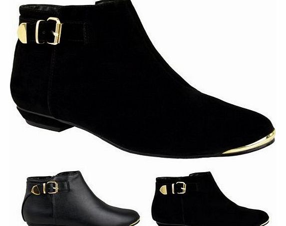 Fashion Thirsty LADIES WOMENS LOW HEEL BIKER PIXIE GOLD BUCKLE ANKLE BOOTS ZIP UP RIDING SHOES SIZE (UK 7 / EU 40 / US 9, Black Suede / Gold)