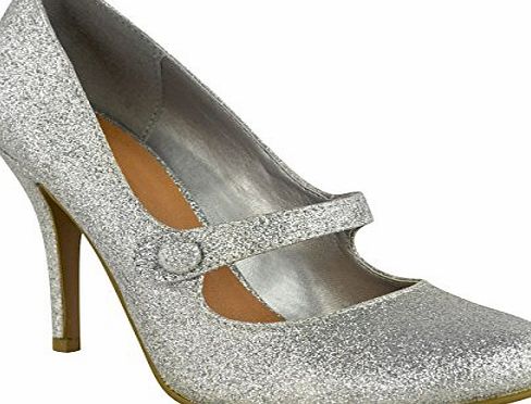 Fashion Thirsty LADIES WOMENS LOW MID HIGH HEEL ANKLE STRAP COURT SHOES WORK PUMPS SANDALS SIZE (UK 6, Silver Glitter)