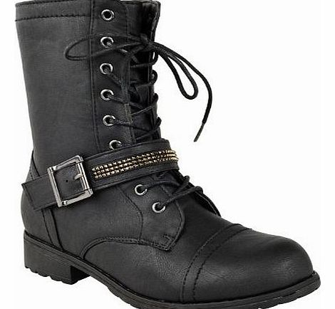 Fashion Thirsty NEW LADIES WOMENS FLAT LOW HEEL LACE UP ARMY MILITARY BIKER ZIP ANKLE BOOTS SIZE