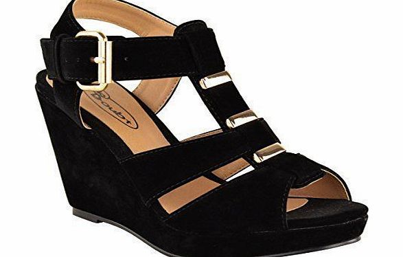 Fashion Thirsty NEW WOMENS LADIES LOW MID HIGH HEEL STRAPPY WEDGES PEEP TOE SANDALS SHOES SIZE (UK 4, Black Suede)