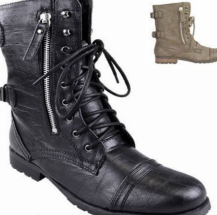 Fashion Thirsty WOMENS LADIES ARMY COMBAT LACE UP GRUNGE MILITARY BIKER PUNK GOTH ANKLE BOOTS (UK 7, Black Faux Leather)