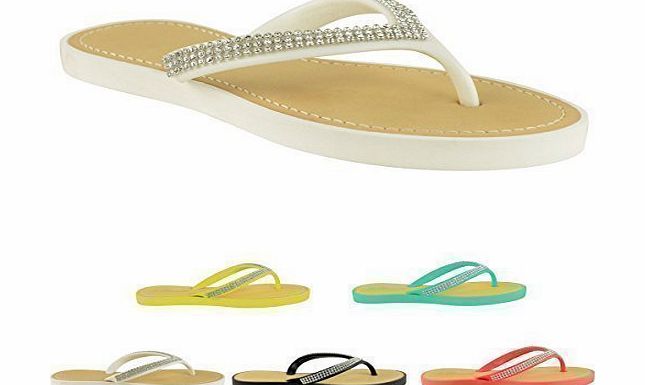 Fashion Thirsty WOMENS LADIES DIAMANTE JELLY SANDALS SUMMER BEACH FLIP FLOPS TOE POST SHOES SIZE (UK 6, White)