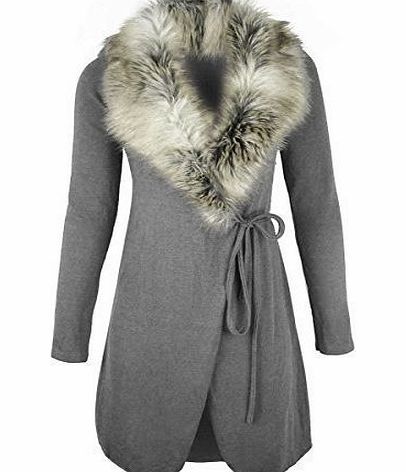 Fashion Thirsty WOMENS LADIES FUR COLLAR CARDIGAN JACKET KNITTED SWEATER COAT WRAP AROUND CAPE (One Size Fits All (UK SIZE 6-14), Grey)