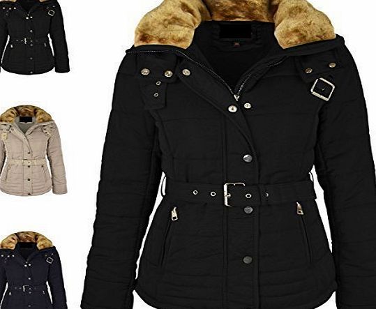 Fashion Thirsty WOMENS LADIES QUILTED WINTER COAT PUFFER FUR COLLAR HOOD JACKET PARKA SIZE NEW (UK 8, Black)