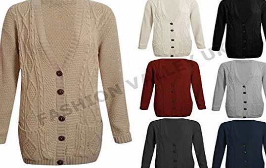 Fashion Valley Womens Long Sleeve Chunky Cable Knitted Button Ladies Grandad Long Cardigan 8-22 Plus Size UK 20-22 XXL Wine