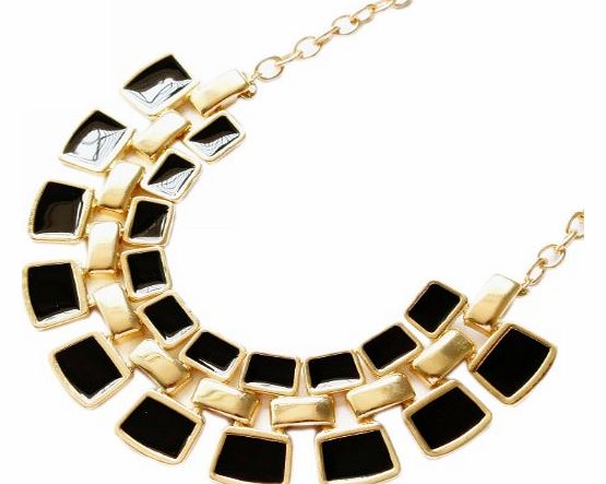 Fashionwu Ladies Charmings Gold Plated Black Color Bib Bubble Collar Square Bead Statement Necklace